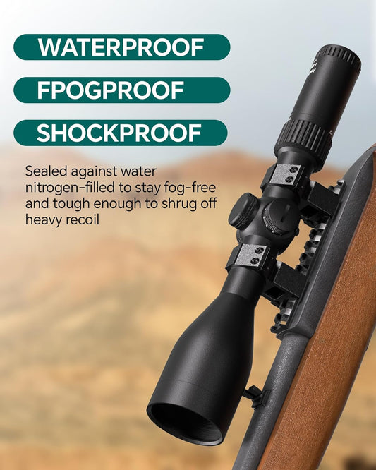 Aquilifer HT 3-12x56 SFP optics rifle scope with waterproof, fog-proof, and shockproof features, mounted on a rifle.