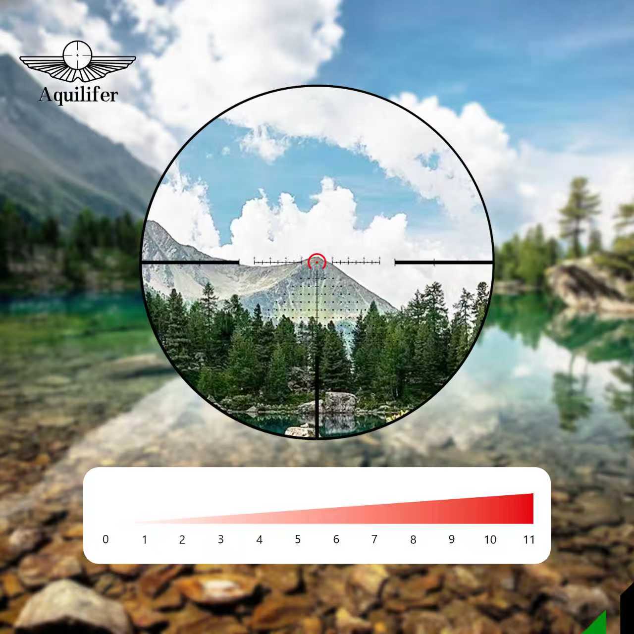 Aquilifer 1-8X24SFIR SFP-MOA rifle scope reticle overlaying a scenic landscape with trees and mountains.
