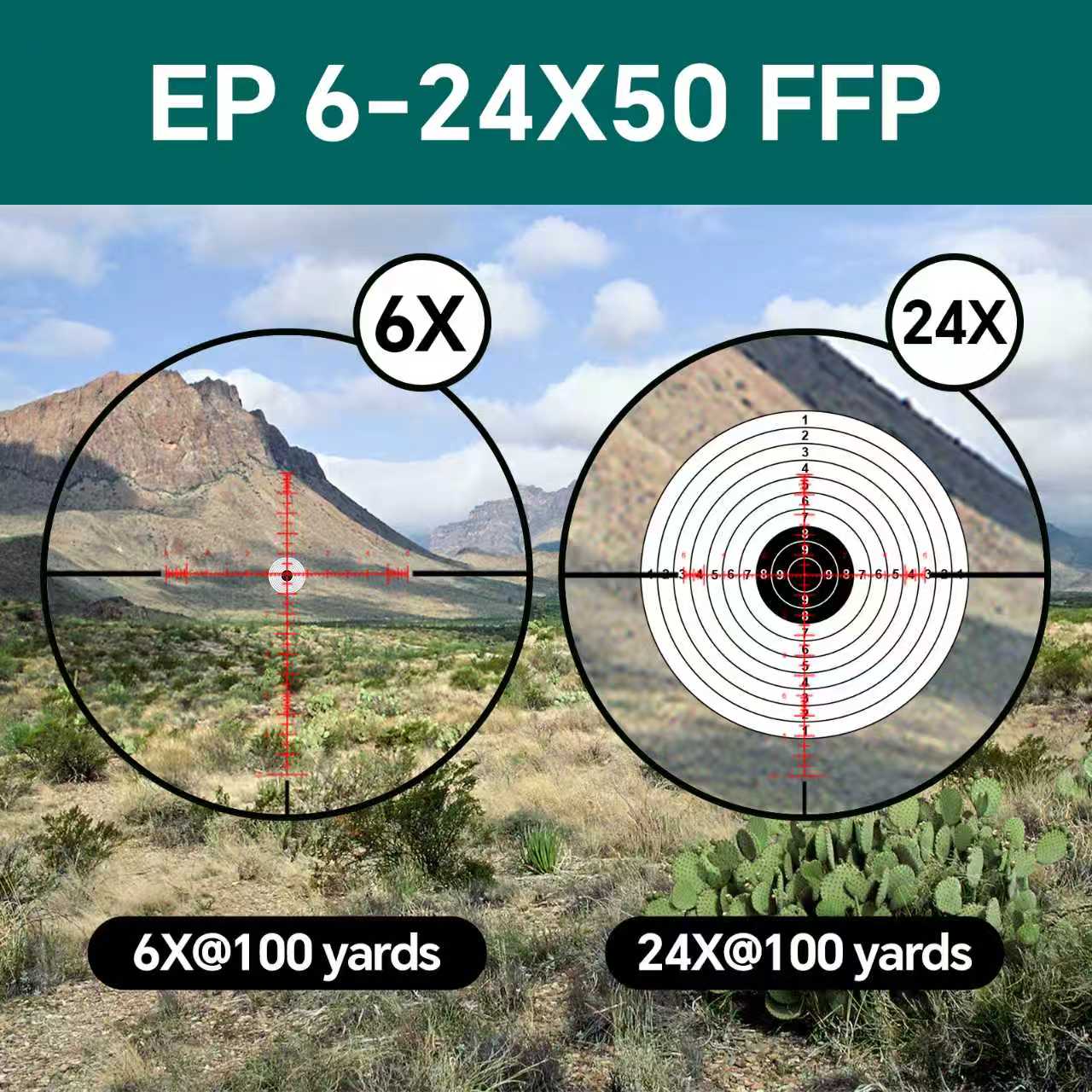 Aquilifer 6-24X50 FFP optics rifle scope with reticle views at 6X and 24X magnification against a mountainous background.