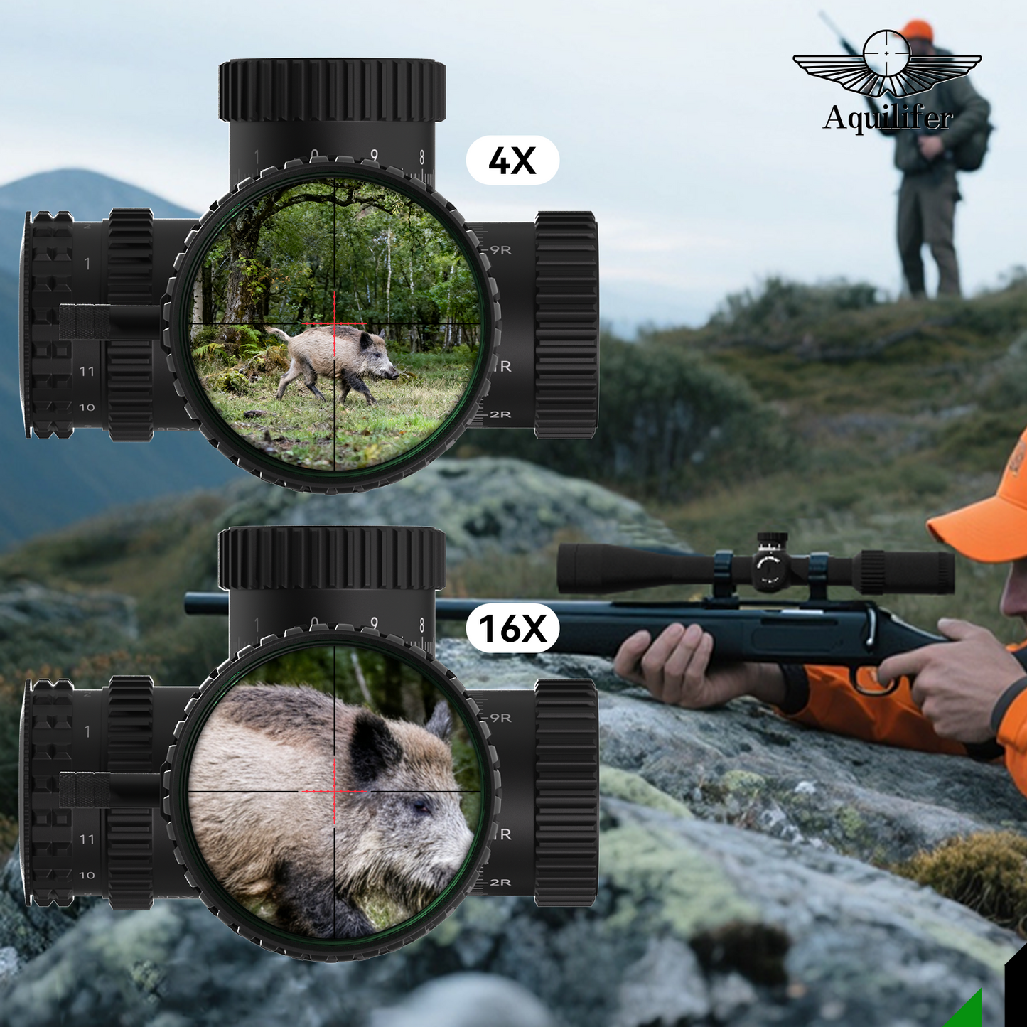 Aquilifer HT 4-16X44 SFP rifle scope showing 4X and 16X magnification reticles with a hunter in the background.
