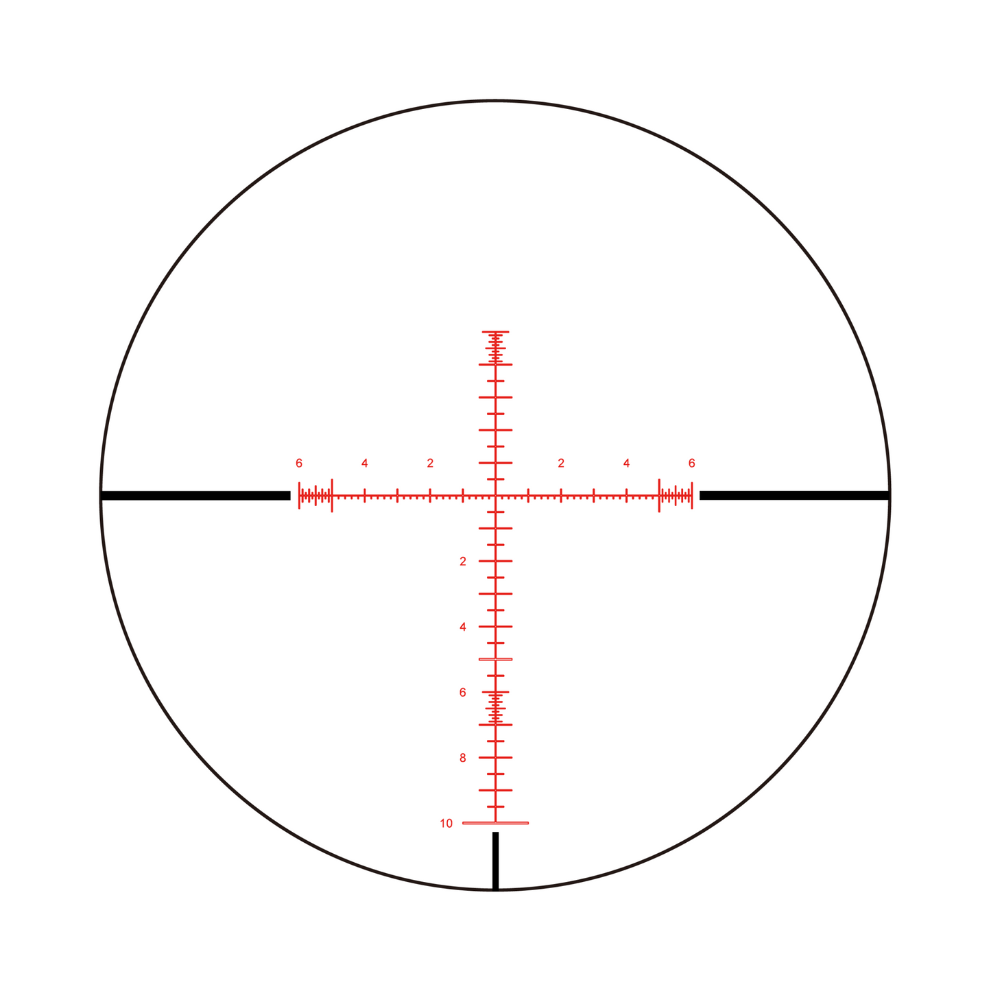 Aquilifer 6-24X50 FFP optics rifle scope reticle with red markings and measurement lines on a circular background.