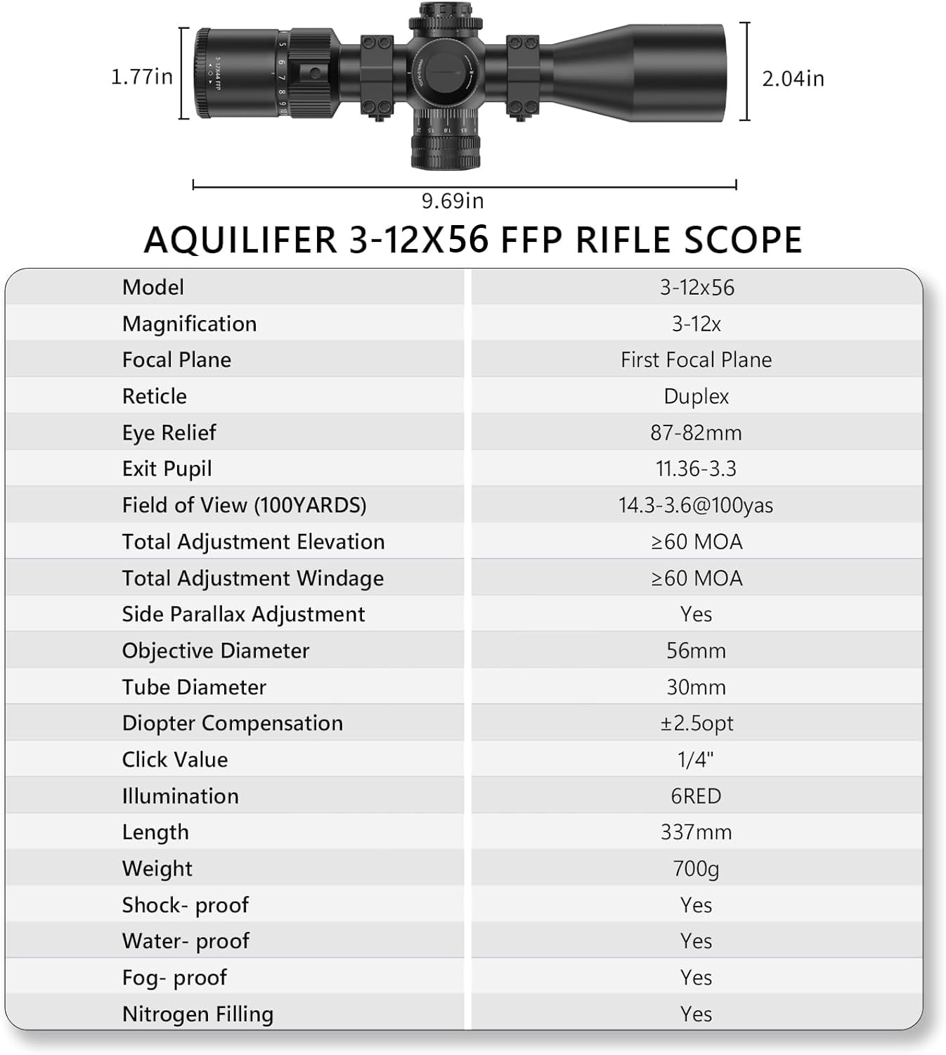 Aquilifer 3-12x56  FFP Optics Rifle Scope