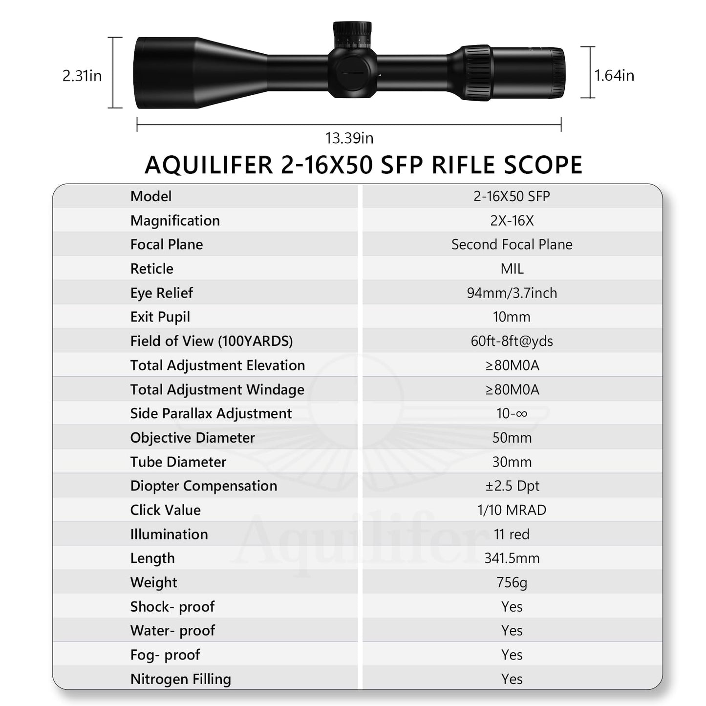 Aquilifer 2-16X50 SFP Optics Rifle Scope