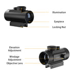 Aquilifer 1×40 red dot sight with a black finish, featuring an eyepiece, elevation and windage adjustments.