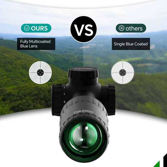 Aquilifer 1-8X24SFIR SFP-MOA rifle scope with a 30mm tube and fully multicoated blue lens, set against a nature background.