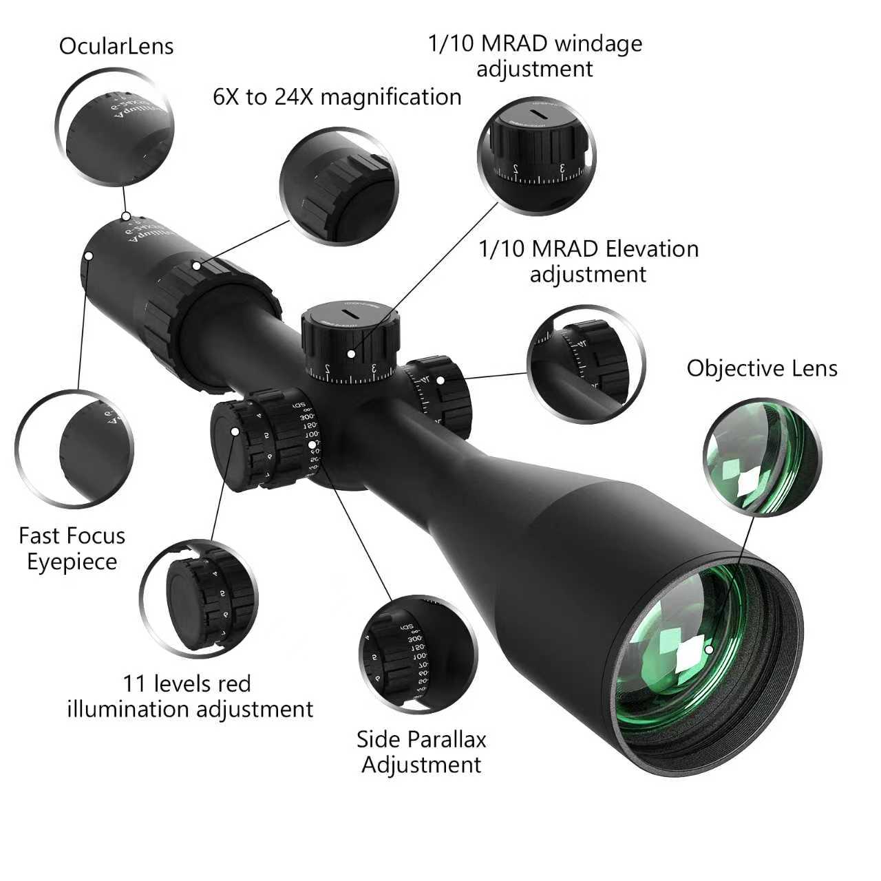 Aquilifer 6-24x50 FFP Rifle Scope | ED Glass, Zero-Stop, Side