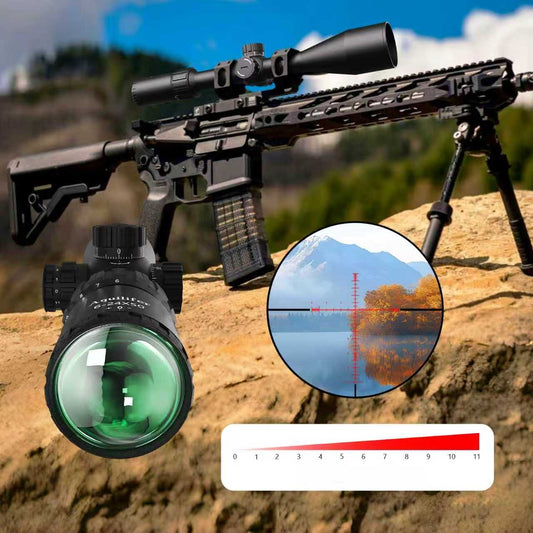 Aquilifer 6-24X50 FFP optics rifle scope with green lens, mounted on a tactical rifle against a mountainous background.