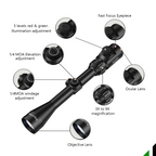 Aquilifer HT 3-9x40 SFP rifle scope with illuminated reticle, 1-inch tube, and adjustment dials for elevation and windage.