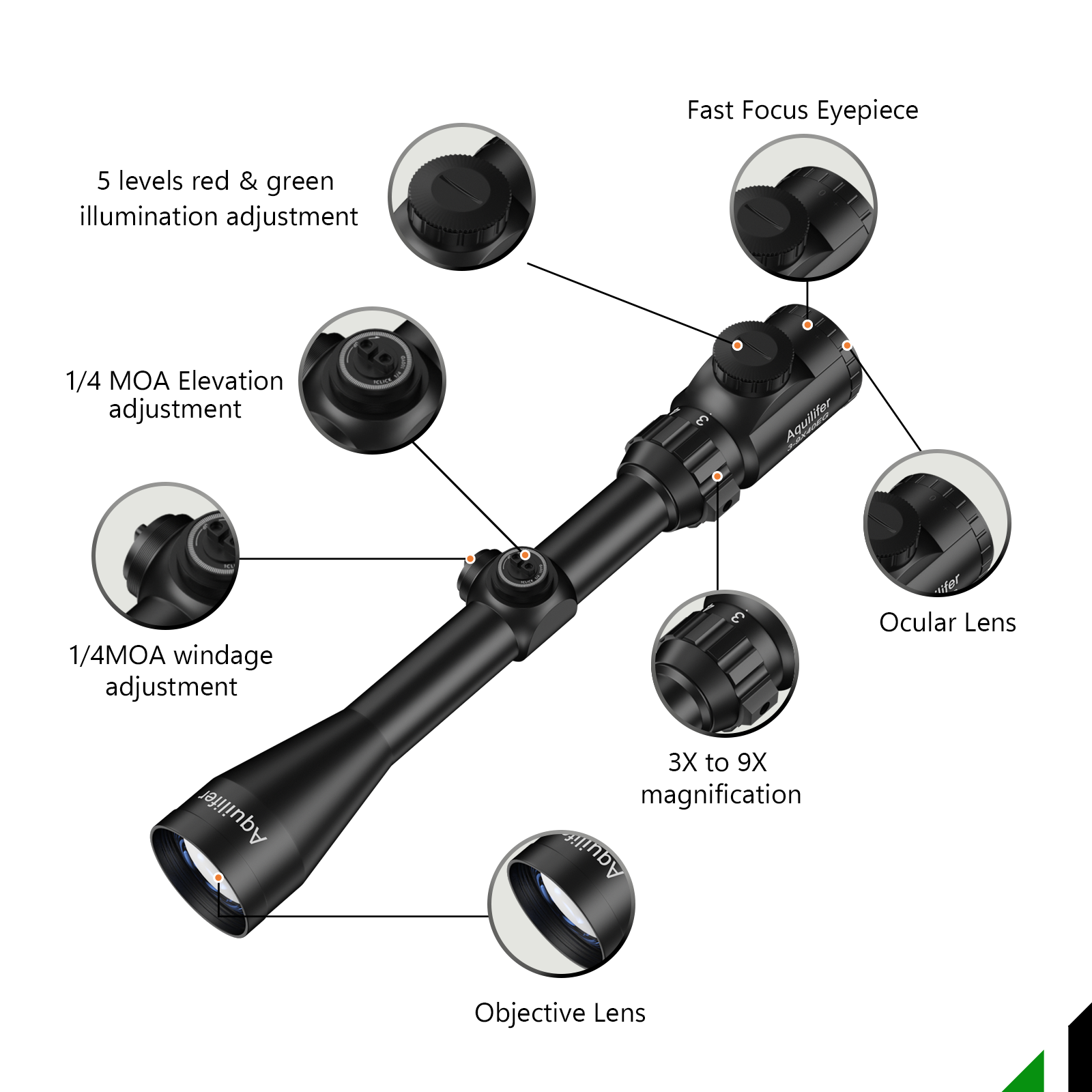 Aquilifer HT 3-9x40 SFP rifle scope with illuminated reticle, 1-inch tube, and adjustment dials for elevation and windage.