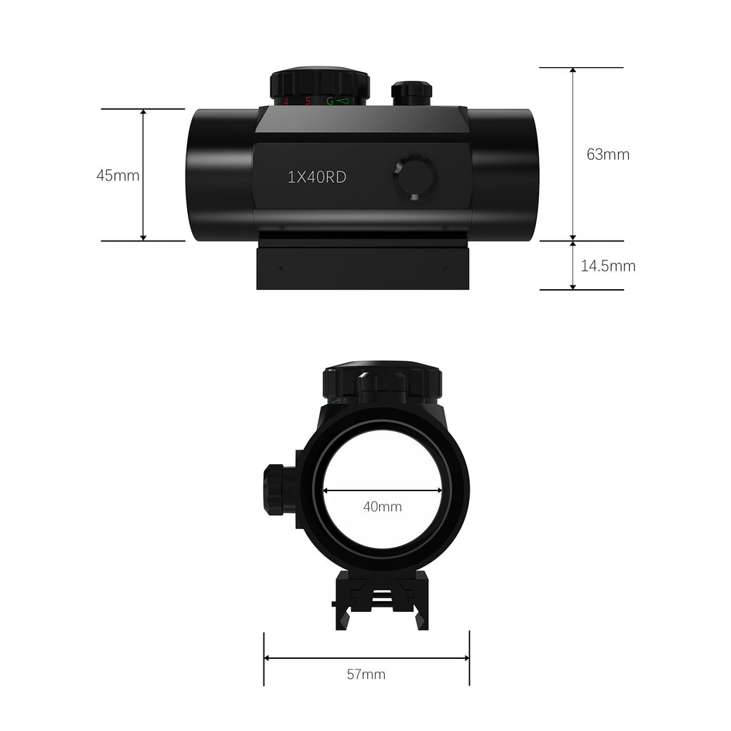 Aquilifer 1×40 red dot sight with adjustable settings, featuring a sleek black design and clear lens.