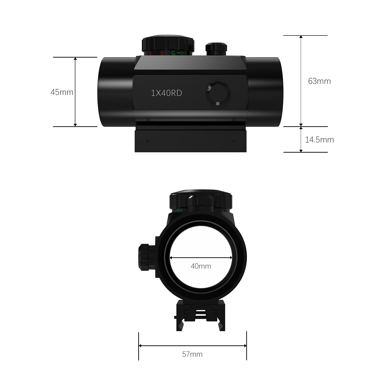 Aquilifer 1×40 red dot sight with adjustable settings, featuring a sleek black design and clear lens.