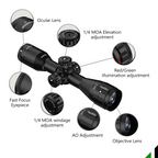 Aquilifer 4X32 SFP optics rifle scope with adjustable lenses, red/green illumination, and fast focus eyepiece.