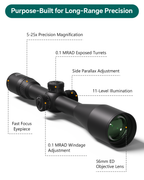 Aquilifer 5-25X56 FFP optics rifle scope with exposed turrets, side parallax adjustment, and 56mm ED objective lens.