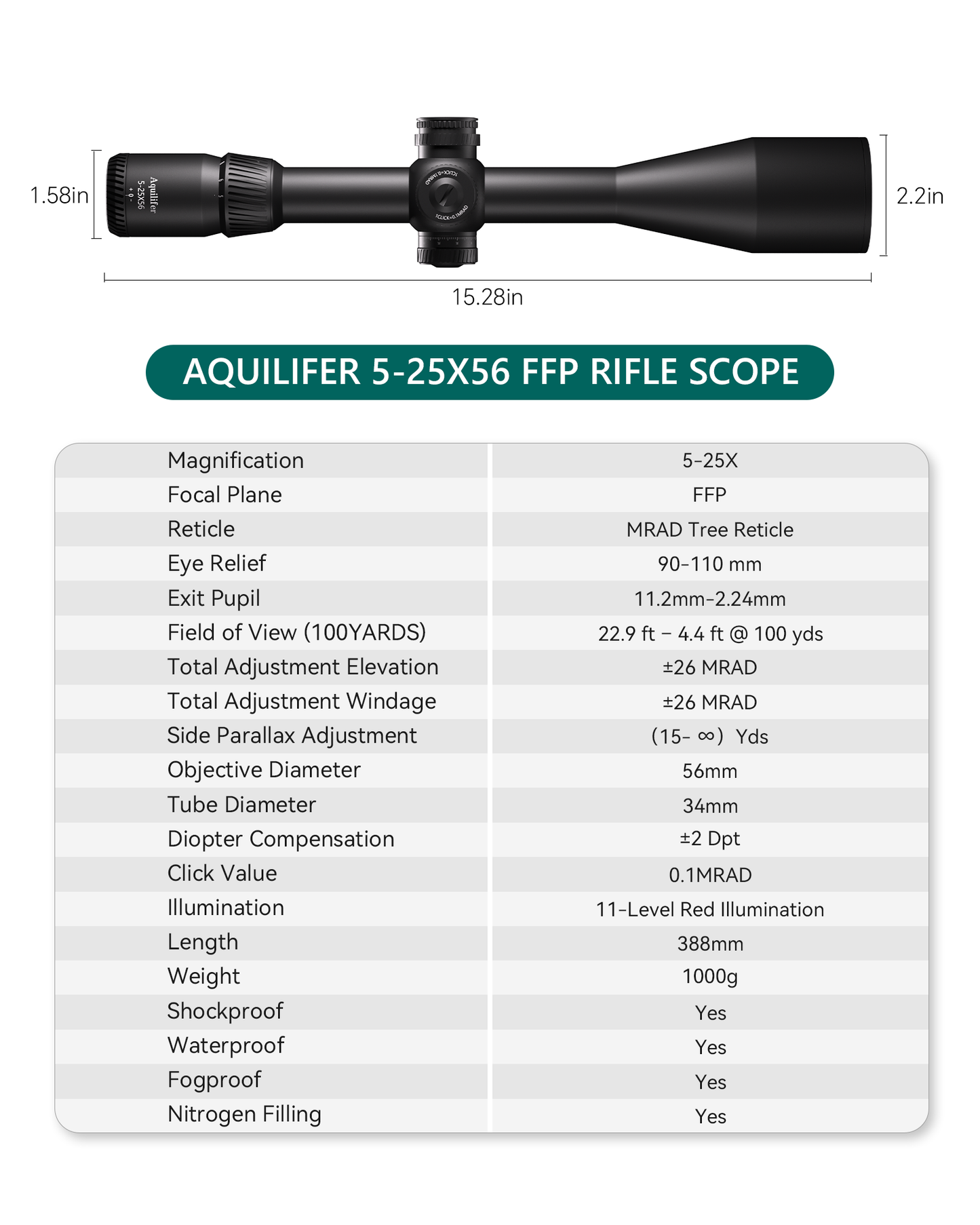 Aquilifer 5-25X56 FFP Optics Rifle Scope