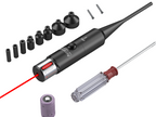 Calibreur laser Aquilifer avec divers embouts, tournevis et batterie, disposés sur un fond blanc.