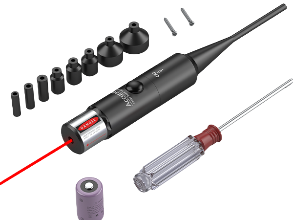 Calibreur laser Aquilifer avec divers embouts, tournevis et batterie, disposés sur un fond blanc.