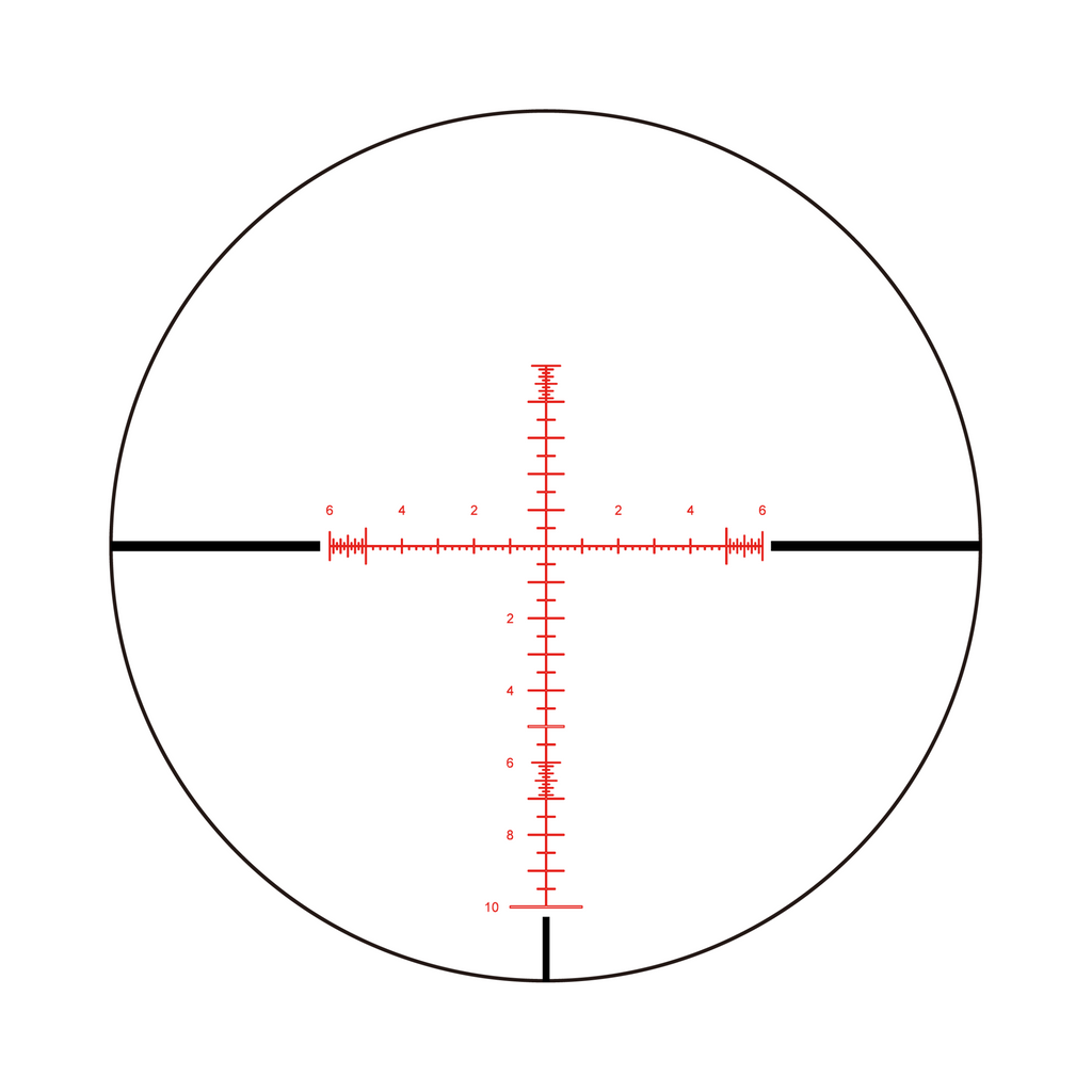 Aquilifer 6-24X50 FFP optics rifle scope reticle with red markings and measurement lines on a circular background.