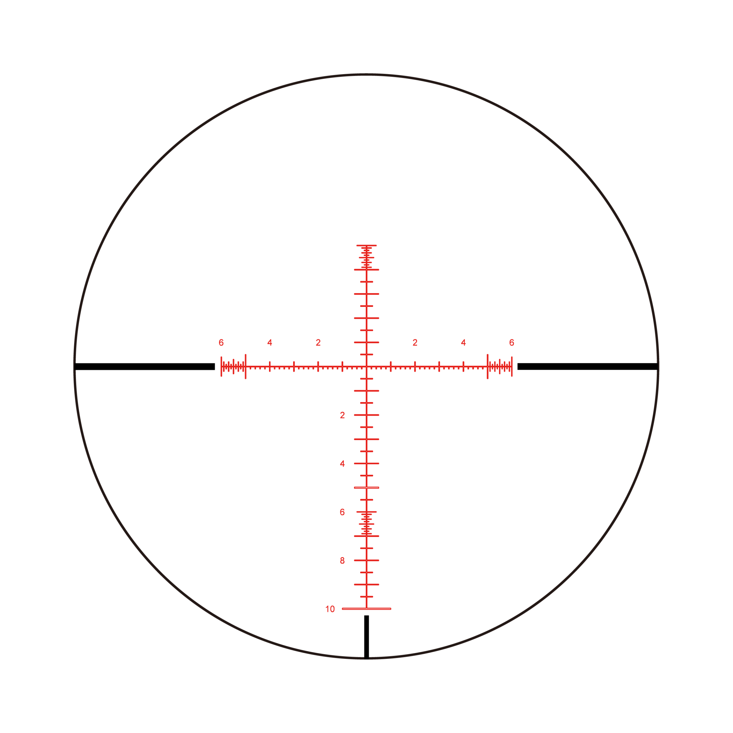 Aquilifer 6-24X50 FFP optics rifle scope reticle with red markings and measurement lines on a circular background.
