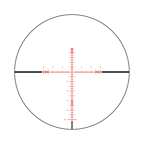 Aquilifer 6-24X50 FFP optics rifle scope reticle with red markings and measurement lines on a circular background.