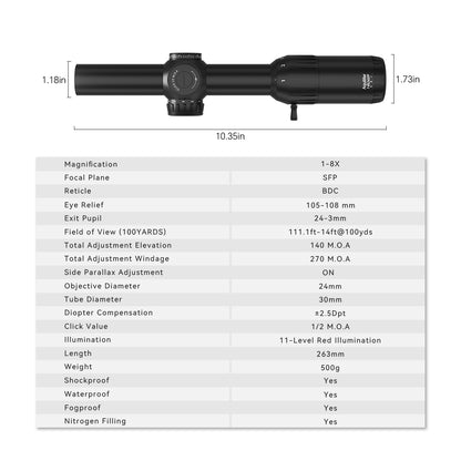 Aquilifer 1-8X24SFIR SFP-MOA  30mm Tube Optics Rifle Scope