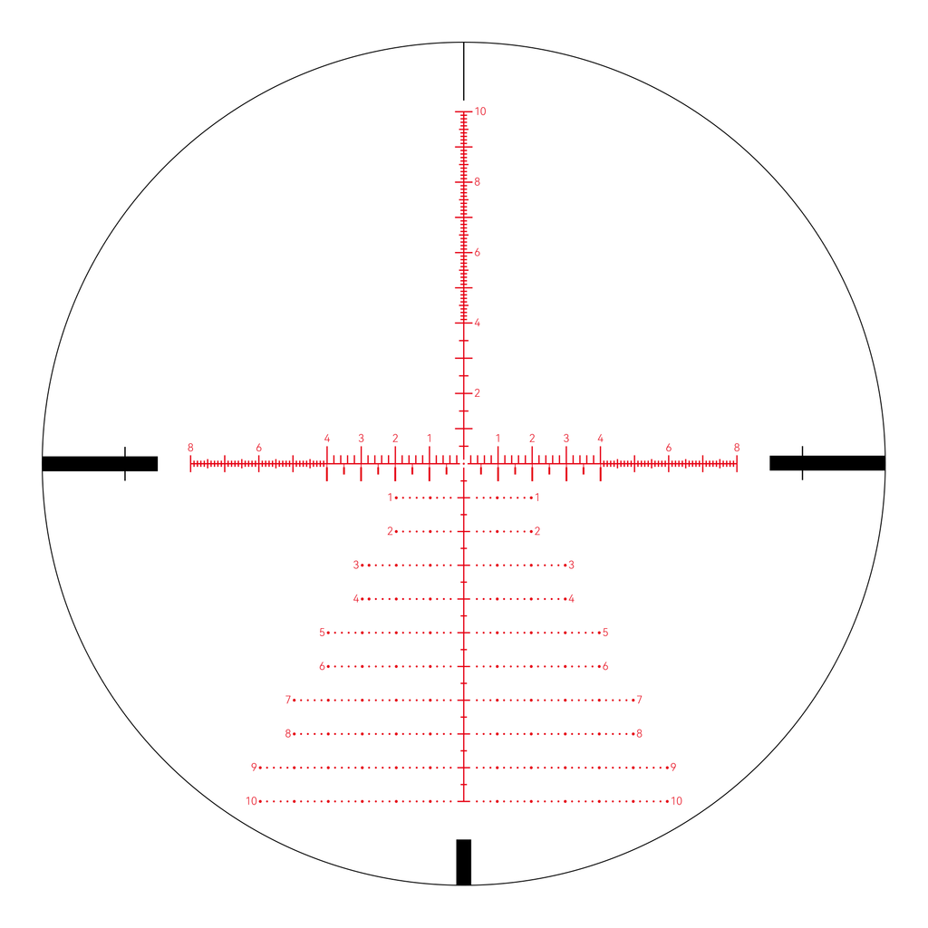 Aquilifer 5-25X56 FFP optics rifle scope reticle with red markings and measurement lines on a circular background.
