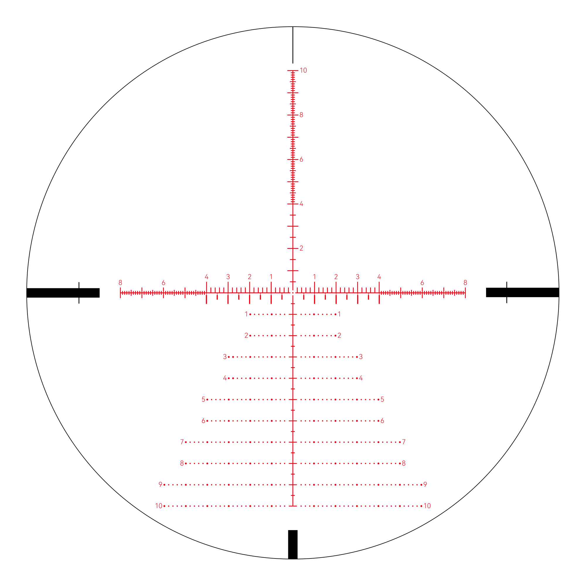 Aquilifer 5-25X56 FFP optics rifle scope reticle with red markings and measurement lines on a circular background.