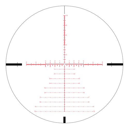 Aquilifer 5-25X56 FFP optics rifle scope reticle with red markings and measurement lines on a circular background.