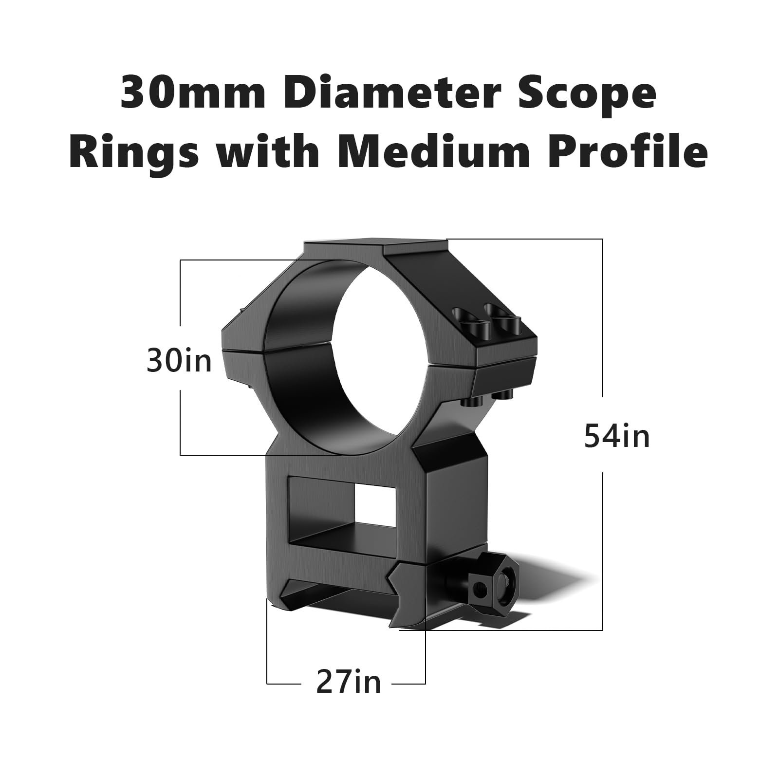 Anneaux de lunette noirs de 30 mm de diamètre avec un profil moyen, comportant des étiquettes de mesure pour la hauteur et la largeur.
