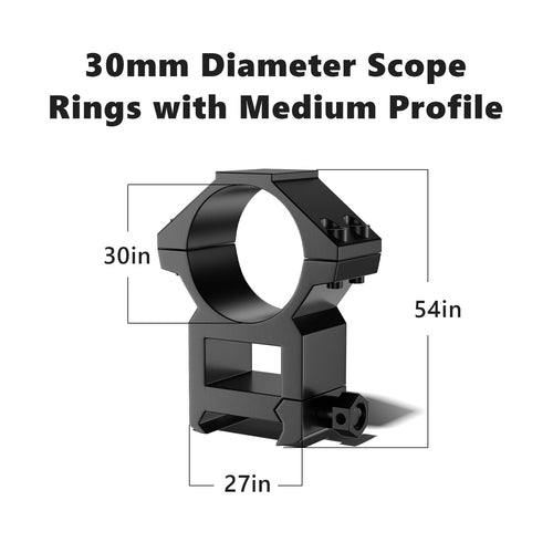 30mm diameter black scope rings with medium profile, featuring measurement labels for height and width.
