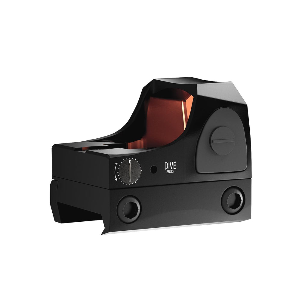 Aquilifer red dot sight with a black finish, featuring an adjustable brightness dial and mounting base.
