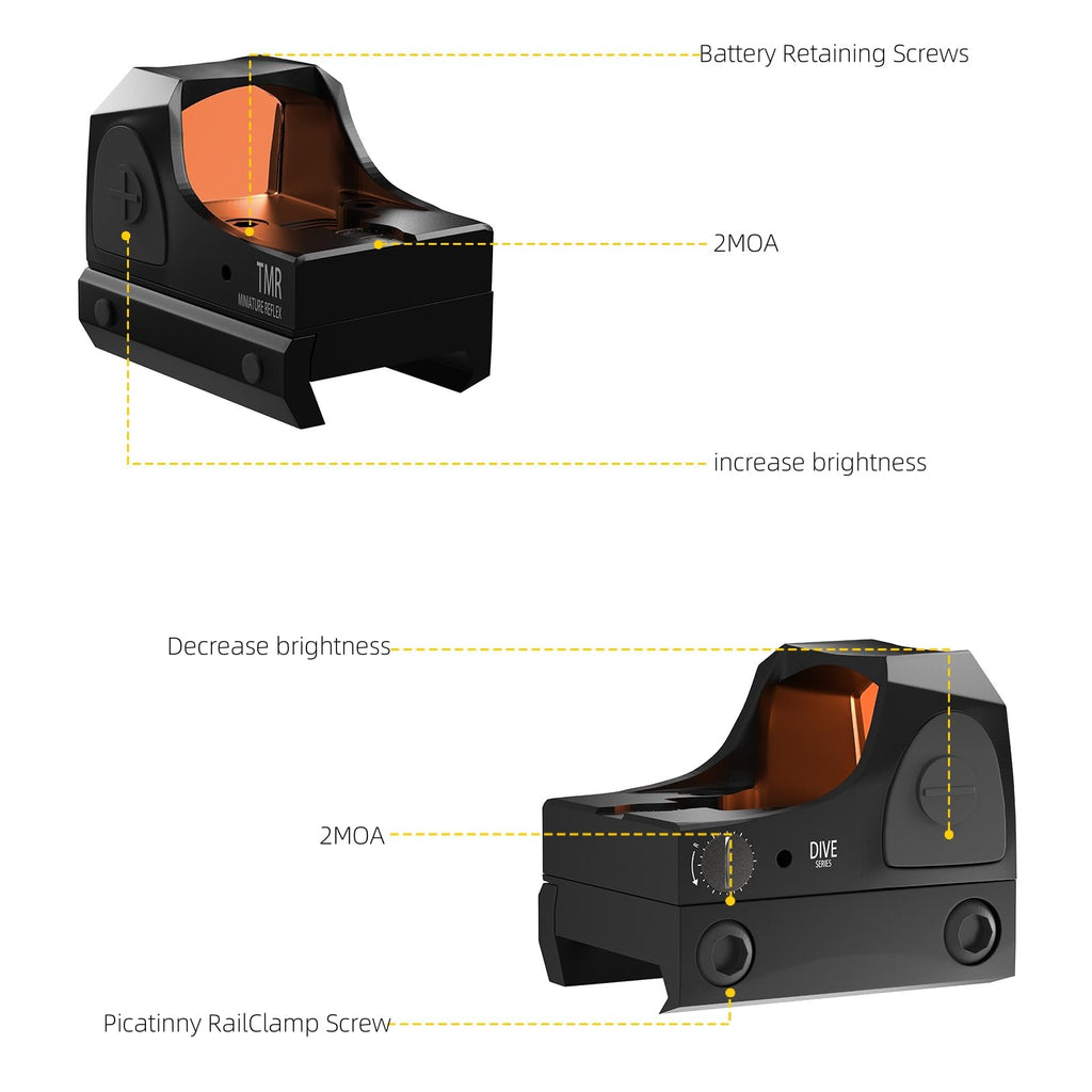 Aquilifer Red Dot Sight with adjustable brightness, battery retaining screws, and Picatinny rail clamp screw.