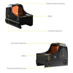 Aquilifer Red Dot Sight with adjustable brightness, battery retaining screws, and Picatinny rail clamp screw.