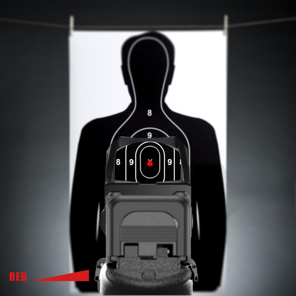 Aquilifer red dot sight aimed at a silhouette target with numbered scoring zones in the background.