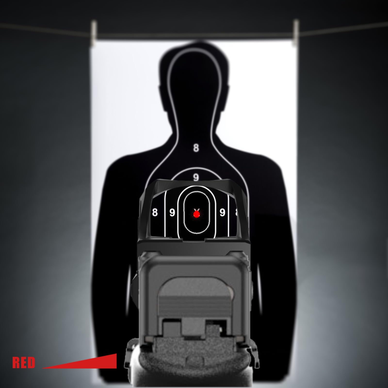 Aquilifer red dot sight aimed at a silhouette target with numbered scoring zones in the background.