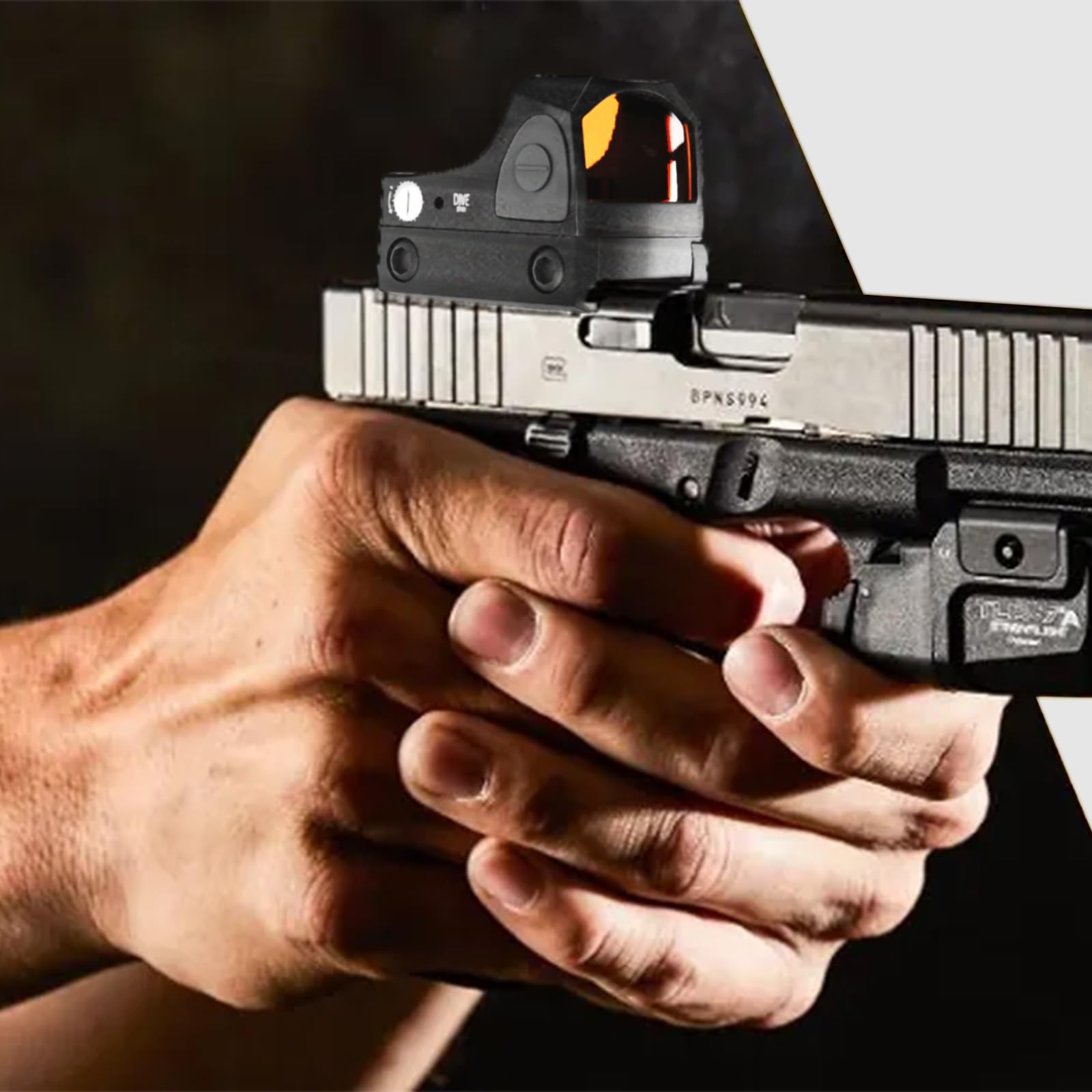 Aquilifer red dot sight mounted on a handgun, with a clear lens and illuminated reticle visible.