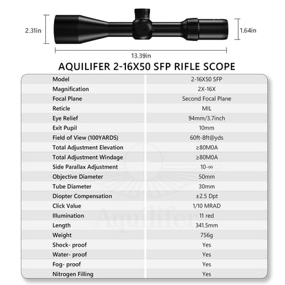 Aquilifer 2-16X50 SFP Optics Rifle Scope